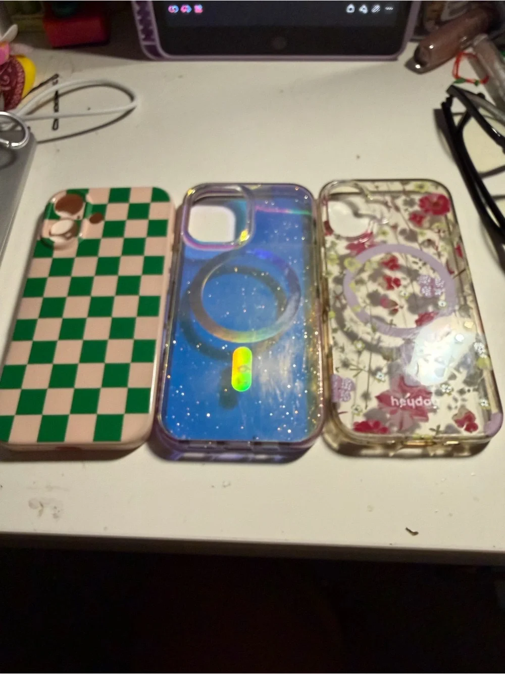 iPhone 16 Phone Case Bundle - Green Checkered, Iridescent Blue, Floral Clear